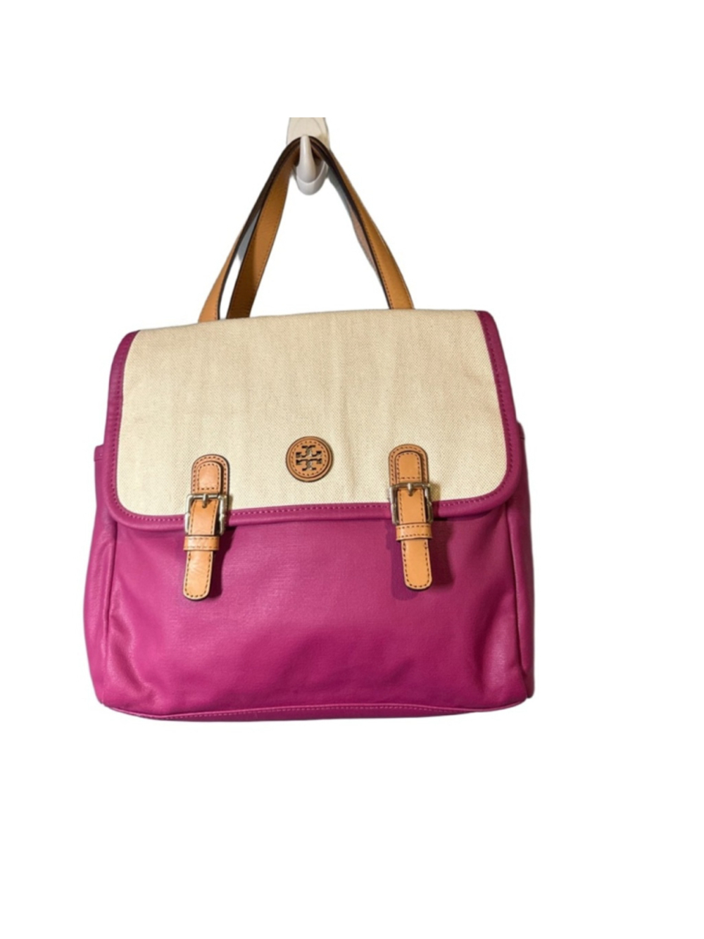 TORY BURCH Pierson Mini Canvas and Leather Fuchsia Pink Tote